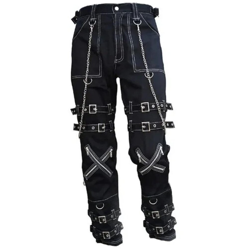 Prime Quality Handmade Gothic Pant White Threads Buckles Zips Chains Straps Pant